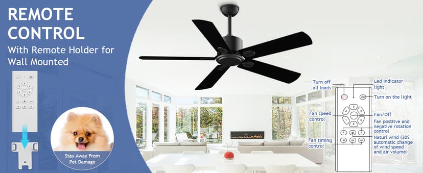52 Inch Ceiling Fan No Light - Outdoor Indoor Flush Mount Low Profile DC Motor Fan with Remote, 5 Blades Reversible Silent Fan for Patio, Bedroom, Living Room, Garage
