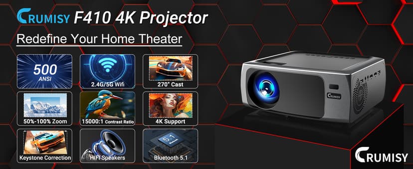 Projector with WiFi and Bluetooth, 4K Decode Outdoor Movie Use 500 ANSI Native 1080P with Auto Keystone HIFI Speaker, 270" Screen 50% Zoom Phone Mirror F410 Game Projector for HDMI/USB/PC/TV Stick/PS5