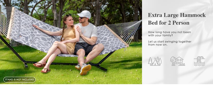 SUNCREAT Double Quilted Hammock with Hardwood Spreader Bar, Extra Large Soft Pillow, Heavy Duty 2 Person Hammock for Indoor, Outdoor, Grey Pattern