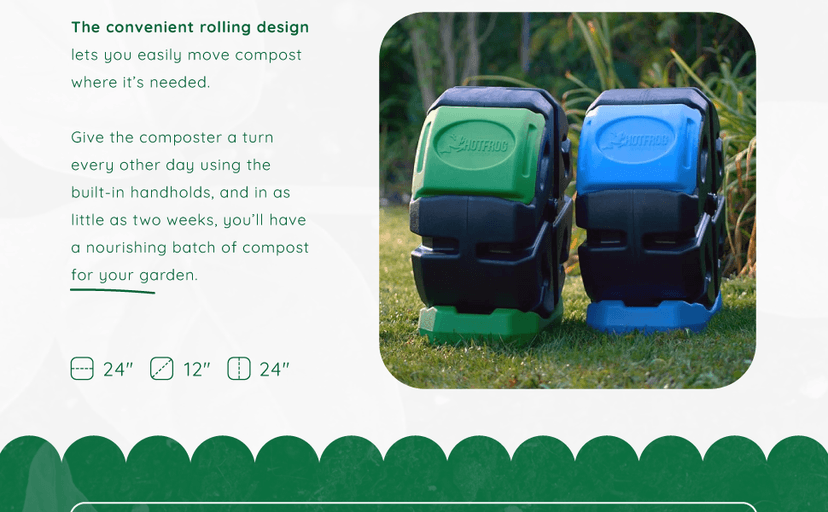 FCMP Outdoor HOTFROG Half Size Rolling Single Chamber Batch Tumbling Composter - Outdoor Rotating Garden Compost Bin (HF-RC2000WB-GRN) Black & Green (19-Gallon)