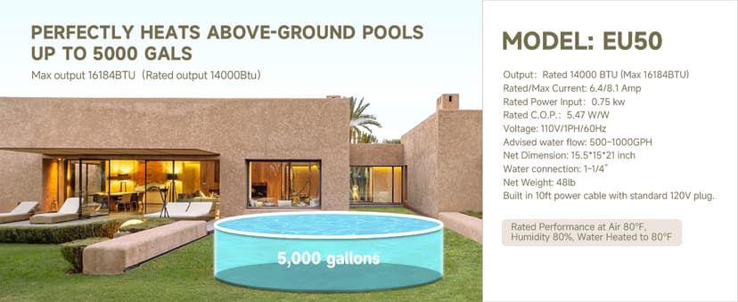 Swimming Pool Heat Pump, Electric Pool Heater for Above Ground Pool up to 5000 Gallons, Max 16184 BTU, 5.62 COP, Titanium Heat Exchanger, 110V-120V, EU50