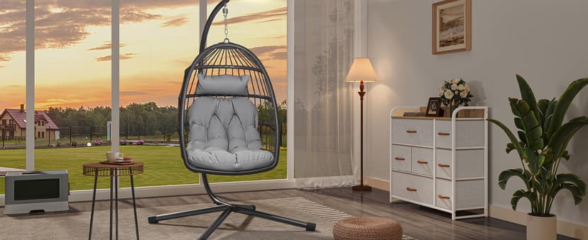 YITAHOME Hanging Egg Swing Chair with Stand Egg Chair Wicker Indoor Outdoor Hammock Egg Chair with Cushions 330lbs for Patio, Bedroom, Garden and Balcony, Dark Gray(Stand Included)