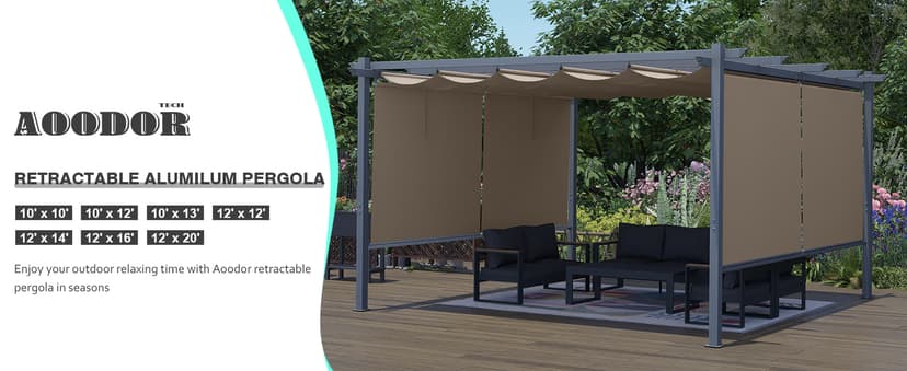 Aoodor 10 x 10 ft Outdoor Pergola with Retractable Shade Canopy, Matte Aluminum Frame, 4 Roller Shade Curtains, Grape Trellis for Patio, Backyard, Garden, and Deck, Dark Brown
