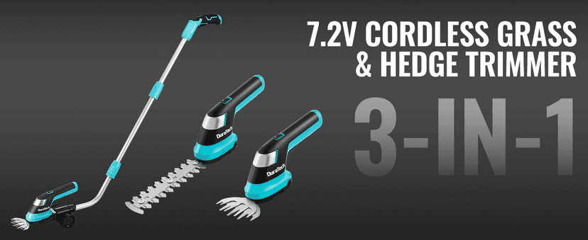 DURATECH Cordless Hedge Trimmer, 7.2V 3-in-1 Handheld Electric Grass Trimmer & Hedge Shears with 50" Wheeled Extension Pole, USB Type-C Cable and Built-in Li-ion Battery, for Garden, Yard and Lawn