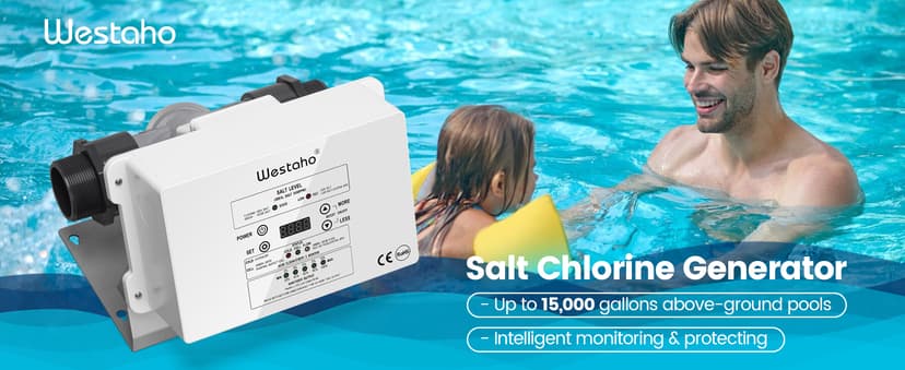 Saltwater Pool System, Westaho Salt Chlorine Generator with USA Titanium Cell for Above Ground Pools Up to 15,000 Gallons, Compatible with Intex Pool, IP 66 Waterproof