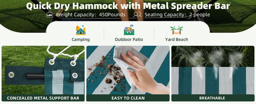 Patio Watcher 13 FT Quick Dry Textilene Hammock - Outdoor Double Hammock - Heavy Duty for Outside - 450 lbs Capacity - Green White