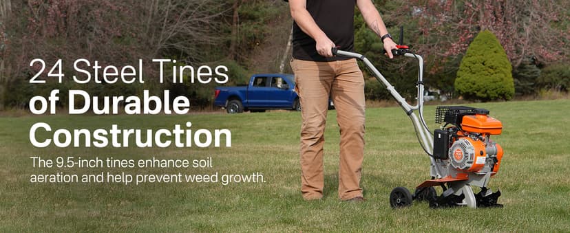 NOVUS 17-Inch Gas Tiller for Gardening, 79cc 4-Cycle Gas Engine, 2-in-1 Front Tine Tiller Cultivator, Toolless Tilling Width Adjustment, Forged Steel Tines, Integrated Transport Wheels