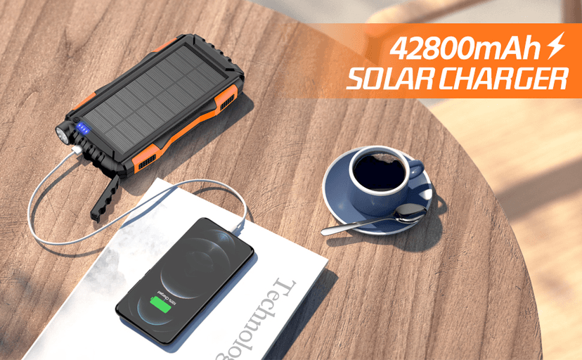 Solar Charger, Power Bank, 42800mAh Portable Charger Power Bank External Battery Pack 5V3.1A Qc 3.0 Fast Charger Built-in Super Bright Flashlight (Orange)