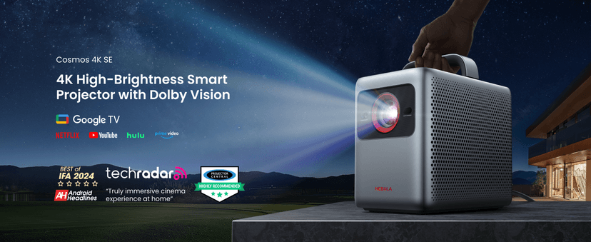 NEBULA Cosmos 4K SE Smart Projector, 4K High-Brightness with Dolby Vision, 200" Screen, 1,800 ANSI Lumens, HybridBeam, Enhanced Image Quality, Google TV, Portable, for Gaming, Home, and Office Use