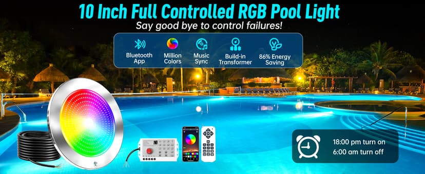 60ft Led Smart Pool Lights for Inground Pool with 3 Control Way (App/Remote/Controller), 54W 10 Inch Color Changing Underwater Swimming PoolLight for 10" Large Wet Niches