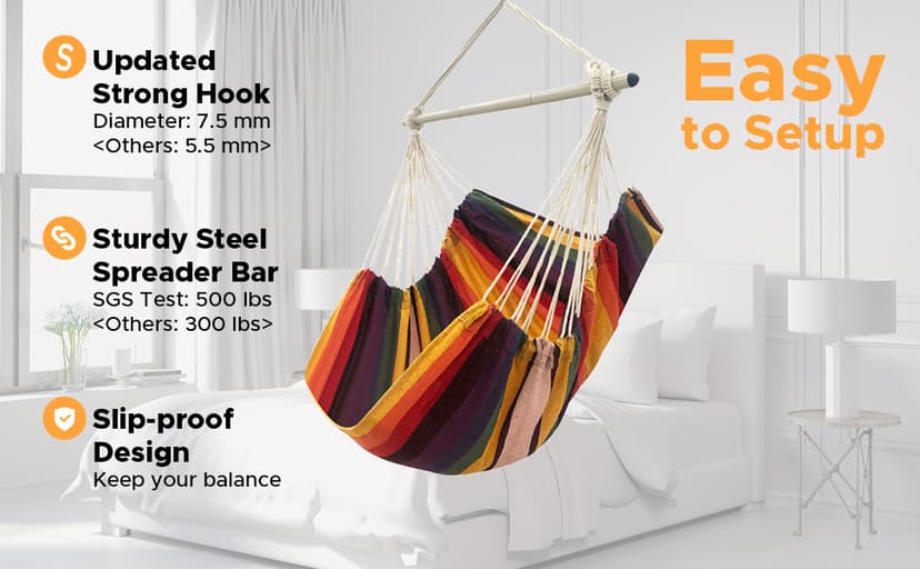 MIZTLI Hammock Chair Swing Indoor Hammock for Bedroom - Max 500 Lbs-Steel Spreader Bar with Anti-Slip Rings-Indoor & Outdoor