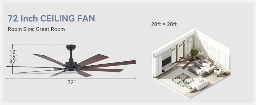 72 inch Large Ceiling Fans with Lights and Remote, Indoor/Outdoor Black Modern Ceiling Fan for Kitchen Living Room Patio, 6 Speed Reversible Quiet DC Motor, 3 CCT, Dual Finish 8 Blades
