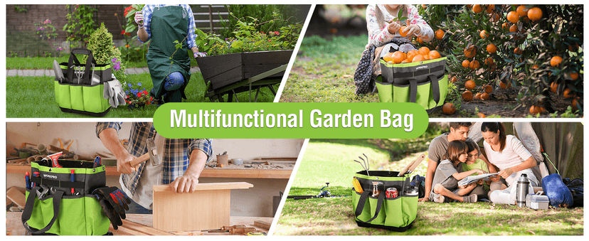 WORKPRO Garden Tool Bag with Waterproof Plastic Base, 8 Pockets Gardening Bag, Heavy Duty Oxford Garden Tote Caddy, Gardening Tool Kit Holder for Indoor and Outdoor(Tools NOT Included)