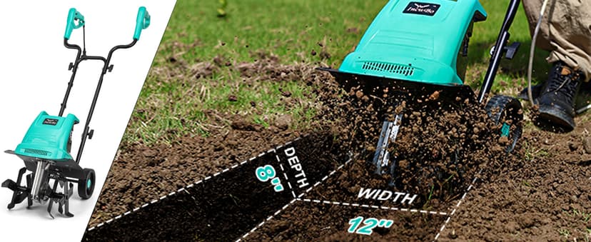 13.5 Amp 12 Inch Electric Tiller/Cultivator with 4 Steel Tines, 8'' Tilling Depth Small Garden Tiller for Gardening, Corded Rototiller with Adjustable Wheels