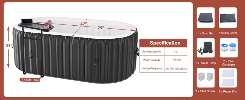LILYPELLE 1-2 Person Inflatable Hot Tub, Portable Oval Blow Up Hot Tub with 100 Bubble Jets, Outdoor Spa Set Included Heater Pump, Filter and Side Table, 75" X 47" X 25"