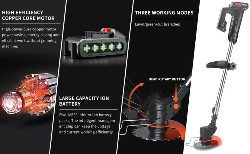 Cordless Lawn Trimmer Weed Wacker - 21V Lawn Mower Grass Edger with 2.0Ah Li-Ion Battery Powered & 3 Cutting Blade Types, Compact Power Tool for Lawn Yard Work……