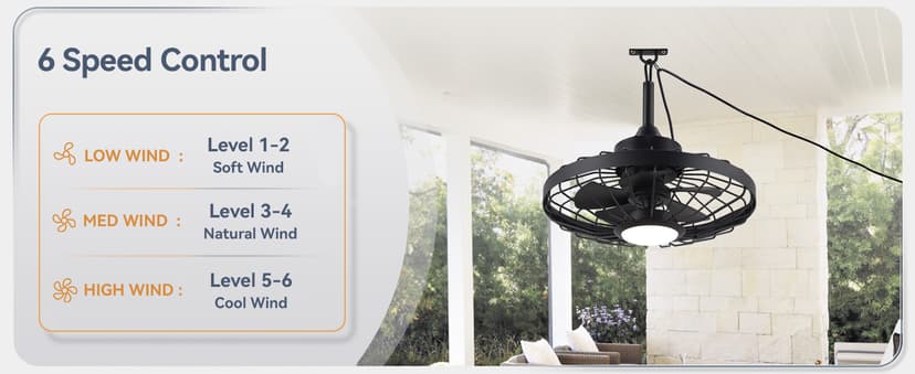 LEDIARY 20" Outdoor Ceiling Fans with Lights and Remote Control, Waterproof Caged Ceiling Fan with 3 Color LED Light,Portable Hanging Gazebo Fan with Plug in Cord Hook for Patios,Black