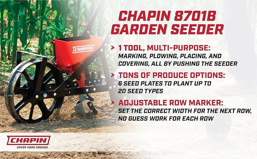 Chapin 8701B Garden Push Seeder Planter With 6 Seed Plates for up to 20 Varieties of Seeds, Zinc Plow Blade, Row Marker, Powder Coated Steel Frame, Red/Black
