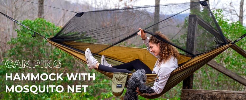 G4Free Large Camping Hammock with Mosquito Net 2 Person Pop-up Parachute Lightweight Hanging Hammocks Tree Straps Swing Bed for Outdoor Backpacking Backyard Hiking