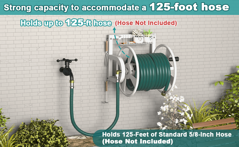 Outdoor Wall Mounted Hose Reel with Hook, Garden Heavy-Duty Water Hose Holder Winder with 3.9 ft Leader Hose, Brass Fitting and Storage Basket for Yard, Holds 125 Ft of 5/8-Inch Hose, White