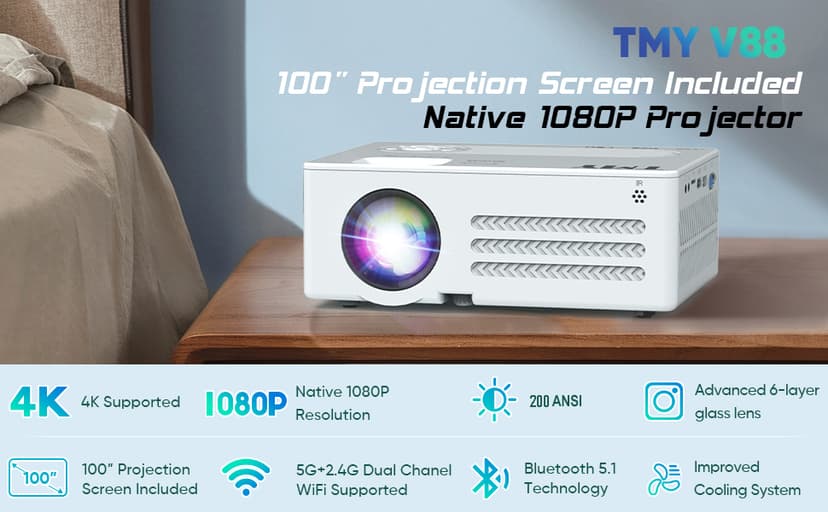 TMY Projector with WiFi and Bluetooth【100" screen included】Native 1080P Outdoor Projector, 4K Supported Portable Projector, Compatible with iOS/Android/PC/TV Stick/HDMI/USB, Indoor Outdoor Use