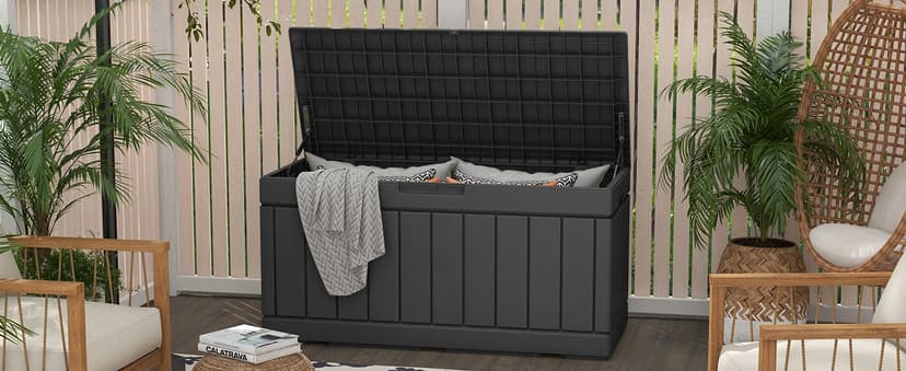 Patiowell 82 Gallon Resin Deck Box, Waterproof Large Wood Look Storage Box for Patio Furniture, Pool Accessories, Garden Tools and Sports Equipment, Lockable, Grey