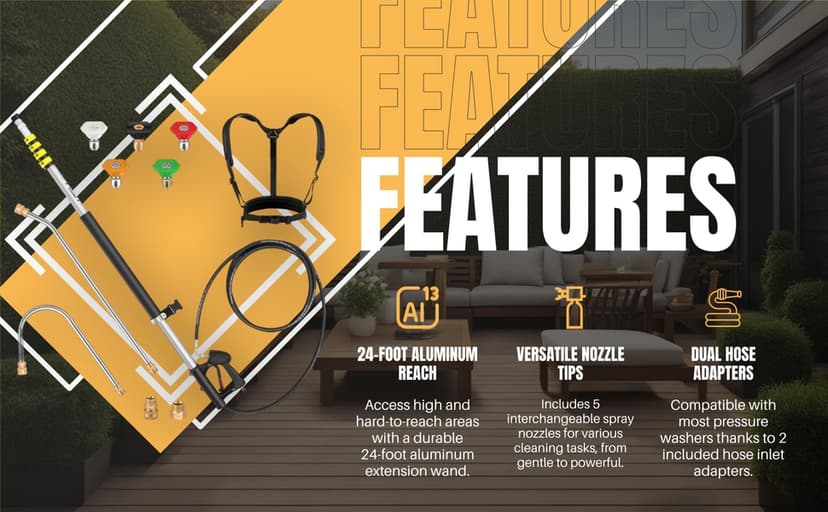 24 FT Telescoping Pressure Washer Wand Extension, Aluminum Power Washer Extension Wand with 7 Nozzle Tips, 3 Adapters & Support Harness, Gutter Cleaning Tools for 2 Story House