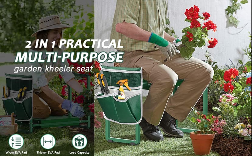 FLINTER Garden Kneeler and Seat, 10.2" Wider Heavy Duty Thick Gardening Bench for Kneeling and Seat - Multifunctional Kneeler Bench, Gardening Gifts for Women, Seniors Grandparents, Green