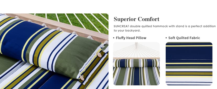 SUNCREAT Double Hammock, Extra Large Quilted Fabric Swing with Hardwood Spreader Bars & Detachable Pillow, Heavy Duty, Perfect for Indoor/Outdoor Patio, Deck, Yard, Blue&Aqua