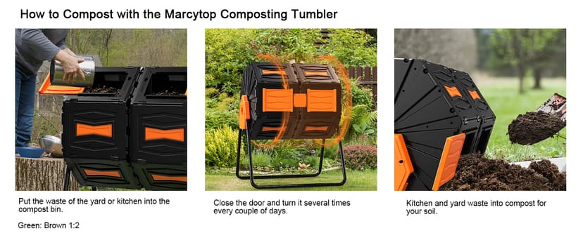 Compost Tumbler, Easy Assemble & Efficient Outdoor Compost Bin, 45 Gallon/170 Liter Large Dual Chamber Rotating Composter for Garden, Kitchen, and Yard Waste, Orange Door