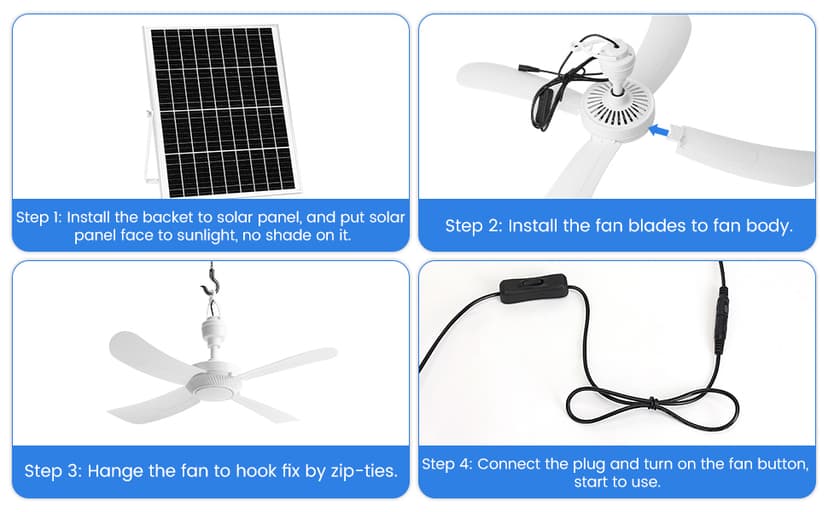 23.6'' Solar Ceiling Fan, 25W Solar Powered Hanging Fans for Outdoor Gazebo, Chicken Coop, Greenhouse, Shed, Dog House, 19.7 Ft Long Cord with On/Off Button