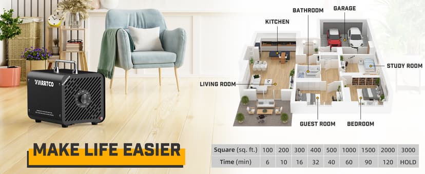 Ozone Machine Generator 30000mg/h - 6000+ Sq. Ft. Ozone Machine Odor Removal for Home and Car with 120min timer All Metallic Black