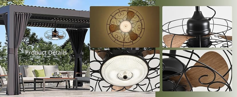 Orison Outdoor Ceiling Fans with Light, 21'' Wet Rated Outdoor Hanging Fan for Gazebo, Plug in Caged Lighting for Pergola Canopy, Hanging with Hook, 3 Color LED Light, Waterproof