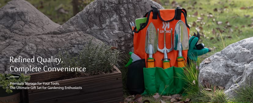 UKOKE Garden Tool Set, 12 Piece Aluminum Hand Tool Kit, Garden Canvas Apron with Storage Pocket, Outdoor Tool, Heavy Duty Gardening Work Set with Ergonomic Handle, Gardening Tools for women men