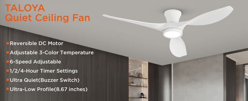 TALOYA 52 inch Ceiling Fans with Lights Remote Control, Modern Low Profile Ceiling Fan with Quiet Reversible DC Motor for Bedroom Living Room and Patio White