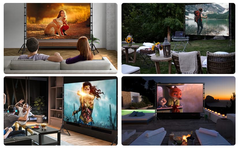 150"-Projector-Screen-with-Stand,HUANYINGBJB Outdoor Projection Screen, Portable 16:9 4K HD Rear Front Movie Screen with Carry Bag for Theater Backyard Movie Night,Cinema School, Churches, Parties