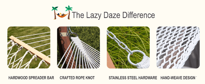 Lazy Daze Hammocks 12FT Double Rope Hammocks, 2 Person Hand Woven Cotton Hammock with Spreader Bar for Outdoor, Indoor, Patio, Poolside, FIT 13-15 Foot Stand, Max 450 Lbs, Natural, 141 x 57 inches