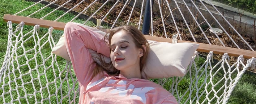 PNAEUT Double Rope Hammock with Stand Included, 12ft Heavy Duty Stand, 2 Person Traditional Cotton Rope Hammocks with Pillow for Outside Porch Patio Backyard Outdoor, Max 475lbs Capacity (Burlywood)