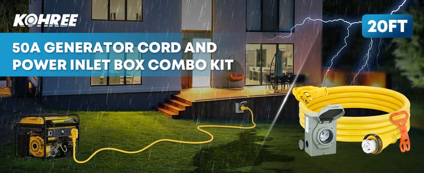 Kohree 50 Amp Generator Cord and Pre-drilled Power Inlet Box, 20FT 4 Prong NEMA 14-50P to SS2-50R 10 Gauge Generator Extension Cord, SS2-50P Power Inlet Box Kit, 125/250V, 12500W with Cord Organizer