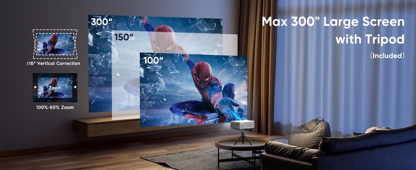 Native 1080P Projector with 5G WiFi Bluetooth and Tripod, 4K Supported Portable Home and Outdoor Movie Projector, Max 300" Display, Compatible with TV Stick, HDMI, Phone