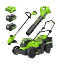 Greenworks 48V (2x24V) 17" Brushless Mower+12" String Trimmer +320CFM Blower,(2) 4.0Ah Batteries and 2A Dual Port Charger