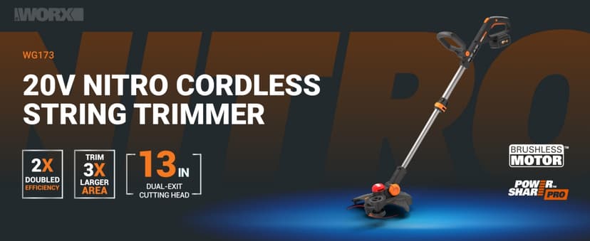 Worx Nitro 20V 13" Cordless String Trimmer with Brushless Motor, 3-in-1 Grass Trimmer Edger Mini-Mower, Lightweight Weed Trimmer COMMAND FEED Instant Line Advancement WG173– Battery & Charger Included