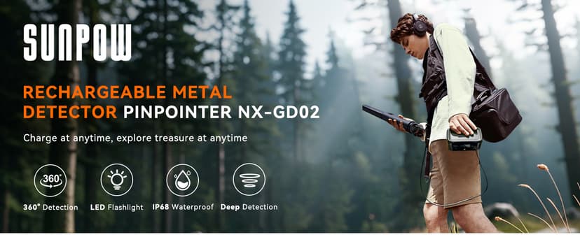 SUNPOW Metal Detector Pinpointer Rechargeable – 800mAh Battery for 15H Use – IP68 Fully Waterproof Handheld Wand – High Sensitivity 360° Detection – Treasure Hunting Tool for Adults & Kids – NXGD02