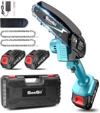Seesii Mini Chainsaw 8 inch DL07, Electric Chainsaw Cordless, Upgraded Brushless Chain saw with Auto Oiler, 2pcs 2000mAh Batteries, Battery Powered Saws Handheld Chain Saw for Tree Branch Wood Cutting
