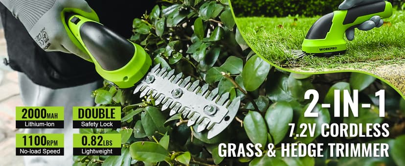 WORKPRO Cordless Grass Shear & Shrubbery Trimmer - 2 in 1 Handheld 7.2V Electric Grass Trimmer Hedge Shears/Grass Cutter Rechargeable Lithium-Ion Battery and Type-C Cable Included