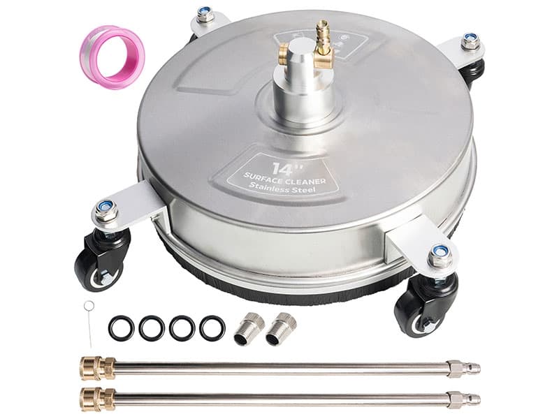 Hourleey 14" Pressure Washer Surface Cleaner, Stainless Steel Surface Cleaner with 4 Wheels for Concrete, Patio, Sidewalk, Deck, Pathway 1/4" Quick Connector, 2 Extension Wand, 4000 PSI