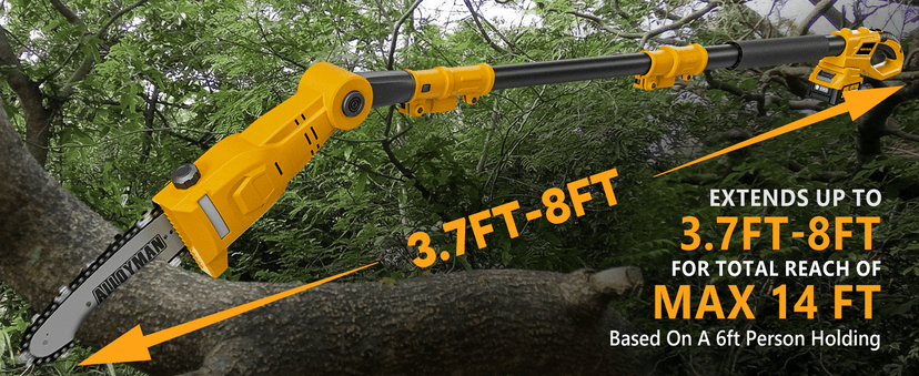 Alloyman Pole Saw 8-Inch Cordless and 16-Inch Pole Hedge Trimmer 2-in-1,with 2 Packs 4.0Ah Batteries & Charger,for Tree Trimming and Shrubs Pruning