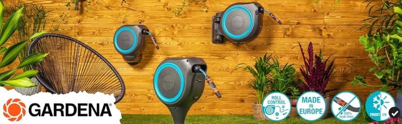 GARDENA (18614-80) 66' x 1/2" Automatic Retractable Garden Hose Reel on Metal Spike, 66' Outside Garden Hose Length, with 360° Rotation to Reach All Areas of Your Yard