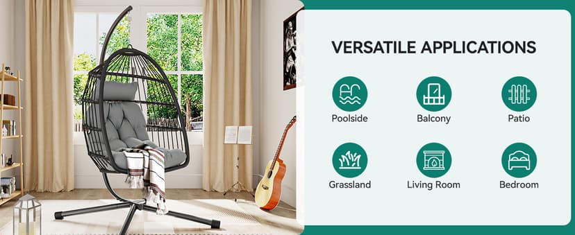 YITAHOME Hanging Egg Swing Chair with Stand Egg Chair Wicker Indoor Outdoor Hammock Egg Chair with Cushions 330lbs for Patio, Bedroom, Garden and Balcony, Dark Gray(Stand Included)