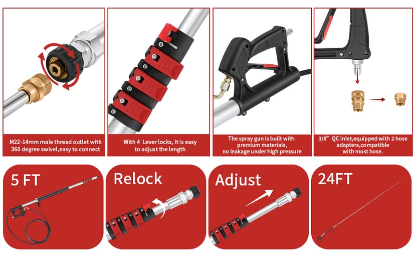 24 FT Gutter Cleaning Tools from The Ground - Telescoping Pressure Washer Wand - Gutter Cleaner Attachment with Power Washer Extension Wands, 7 Spray Nozzle Tips, 2 Hose Adapters and Support Belt